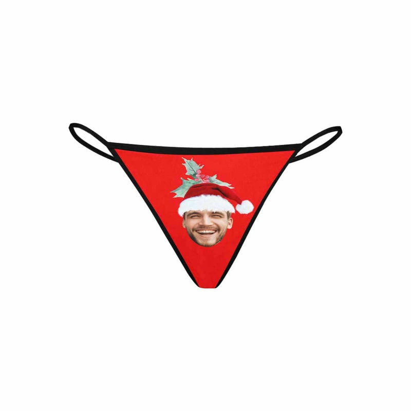 Custom Husband Face Thongs Underwear for Women Personalized Christmas Hat Women's G-String Panties