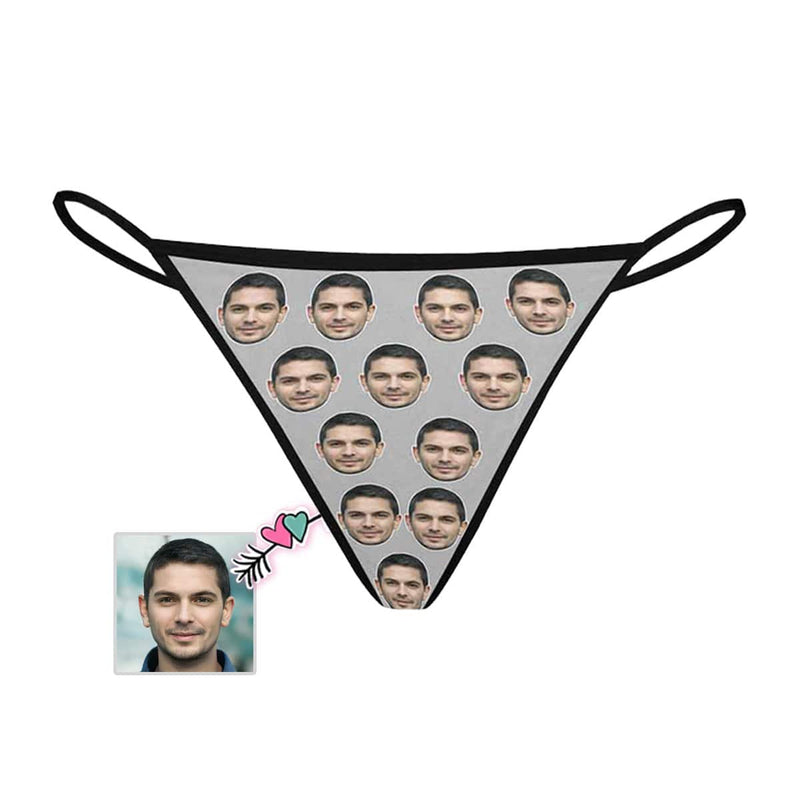 Custom Husband Face Thongs Underwear for Women Personalized Grey Background Women's G-String Panties