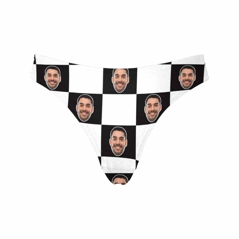 Custom Husband Face Underwear Personalized Black&White Grid Women's Classic Thong