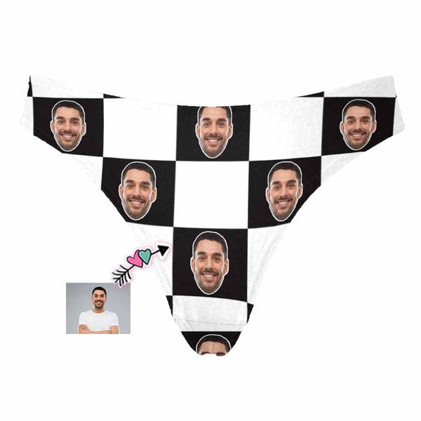 Custom Husband Face Underwear Personalized Black&White Grid Women's Classic Thong