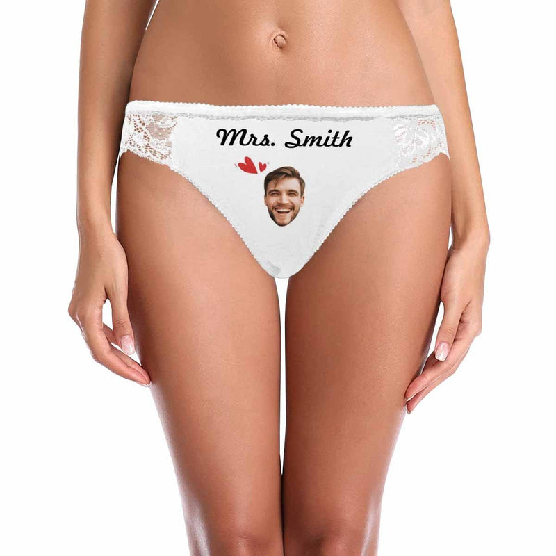 Personalized Bride Panties Custom Face&Name Love Heart White Women's Lace Panty Wedding Gift for the Bride