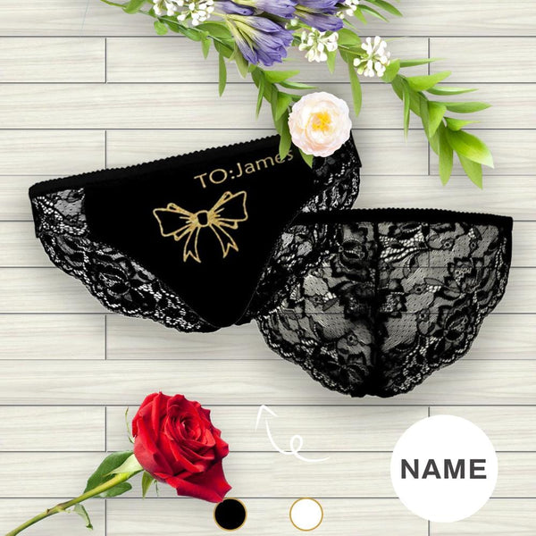 Personalized Name Underwear Custom Golden Bow Thongs Womens Lace Panty